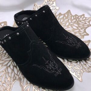 Yellow Box Black Suede Mules with Metallic Accents